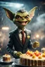 Placeholder: portrait of happy gremlin cake in suit flying in wind tunnel birthday party in a storm cloud, in the style of a fallout 4,bokeh like f/0.8, tilt-shift lens 8k, high detail, smooth render, down-light, unreal engine, prize winning