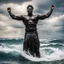 Placeholder: A statue of a powerful Black man standing in the churning ocean with his arms spread over his dominion, he is the Black God Of The Sea and has prominent bulge