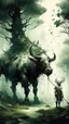 Placeholder: A bull or a horse with a wooden totem with spikes on it, in the middle of the forest. Opposite is a tree with a green-skinned man on it., by Ryohei Hase, Agnes Cecile, Raymond Swanland, Anne Bachelier