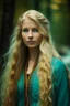 Placeholder: portrait of a beautiful Norwegian woman with super long blond hair, warm-hearted, goddess, turquoise