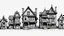 Placeholder: A technical front view pencil drawing of a row of neglected fantasy houses of different heights.