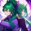 Placeholder: Clear focus, 8k, beautiful lighting, vibrant colors, girl, green hair, long hair, vibrant purple eyes, ponytail, messy hair, hair in between the eyes,