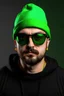 Placeholder: A yung caucasian shaved man with huge black sun glasses and a green winter hat and a res t-shirt