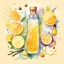 Placeholder: banner template of bottle with oil and honey and lemon and salt in spoon for scrubbing and body skin care with natural herbal skin care products, top view of ingredients, on watercolor spot and splashes background