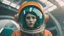 Placeholder: tangerine tango and ultramarine green color blocking, (sci-fi aesthetic:1.4), bright instagram LUT, shot of a (Danish 20 yo woman:1.2) retro-futuristic cosmonaut with a shy smile wearing a glass dome helmet and spacesuit with harness (with futuristic power plant in the background:1.2), skindentation, hourglass figure, waist cincher, on alien landscape with its surface covered in impact craters, valleys, plains and mountains, grey dust, a heavy rain storm, at sunrise, geometric gradients, sci-fi,