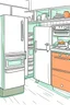 Placeholder: Cartoon drawing of a kitchen. On the right there is a white refrigerator