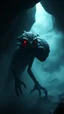 Placeholder: A creature with 2 bold Heads one of them happy , the other is sad . A cave with dim lights with fog in the background, dark environments, scary and good quality, 8K , cinematic scenery