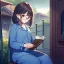 Placeholder: anime girl sitting on a porch swing of an old house, journaling, wearing pajamas, writing in a book, shes watching it rain, more detail on hands and her face,shes deep in her thoughts, wearing glasses, rain drops, she has a pencil in her hand and is writning in the book, she is looking down at what she is writing