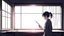 Placeholder: monochromatic japanese classroom with a shadowy figure looking out the window holding a transparent key emanating glow that colors the surroundings, anime