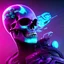 Placeholder: A futuristic skull with glowing eyes and a purple background, cyberpunk art by android jones, behance contest winner, computer art, darksynth, synthwave, rendered in cinema 4 d