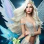 Placeholder: Fantasy fairy with transparent wings, smiling, make up, long platinum blond hair with crown and flowers, blue dress, flowering background