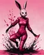 Placeholder: Asian woman, leaning pose, rabbit mask, pink short hair, latex suit, highly detailed, fullbody, splashes blood, behind guts rising from the ground, papercut illustration by <John Kenn Mortensen>, darkred tones,