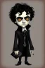 Placeholder: black haired black eyed young man necromancer wizard Gnome that looks like a young Edgar Allan Poe with gothic jewelry in the style of Charles Addams