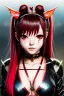 Placeholder: Detailed cute anime Kunoichi girl with dragon tail, blood red hair buns, bangs, black latex bodysuit, intricate details, full body portrait, keep head in frame, slight smile, black Japanese motif, concept art, highly detailed, digital painting, concept art, sharp focus, illustration, art by Yoji Shinkawa, WLOP and greg rutkowski and alphonse mucha and artgerm and yanjun Chen and Junji ito and Makoto Shinkai, HDR, octane render