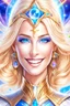 Placeholder: cosmic woman smile, admiral from the future, one fine whole face, crystalline skin, expressive blue eyes,rainbow, smiling lips, very nice smile, costume pleiadian, Beautiful tall woman pleiadian Galactic commander, ship, perfect datailed golden galactic suit, high rank, long blond hair, hand whit five perfect detailed finger, amazing big blue eyes, smilling mouth, high drfinition lips, cosmic happiness, bright colors, blue, pink, gold, jewels, realist, high,rainbow commander, ufos