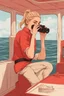 Placeholder: 23 years old girl, with blond hair and a messy bun. standing on in a red boat, wearing red clothes and looking trough binoculars watching something in the middle of the sea. You see the whole boat. You see the gril in front. It's a ferry. Wes anderson style. In front. Sarcastic vibe