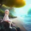 Placeholder: Little girl day, sunny, relaxing, sea, trees, real details anime style, realistic, glowing beach