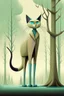 Placeholder: Surrealist minimalist illustration of [siamese cat] with extremely long slender legs, standing in [forest], wearing [a raincoat], under [tree]. Calm composition, full body view, centered, soft pastel gradients in the background, textured painterly style, smooth shading, clean lines. –no multiple characters, no clutter, no photorealism, no busy background
