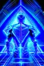 Placeholder: neon blue, floating triangle of light orbiting behind the back, cyber armor, geometric patterns on armor, male, orbiting triangle