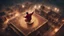 Placeholder: Hyper Realistic photographic-aerial-view Sufi Whirling with Golden & Maroon Islamic Sufi Rustic Grungy Background with thunderstorm at heavy rainy night outside an ancient Islamic architectural building showing dramatic & cinematic ambiance.