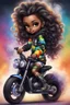 Placeholder: Create an digital airbrush illustration of a chibi cartoon black female wearing tie dye hoodie and black tights and biker boots. Sitting on a colorful sports motorcycle. Prominent make up with long lashes and hazel eyes. Highly detailed long twisted wavy hair blowing in the wind. Background of a bike show and smoke around her.