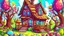 Placeholder: Fantasy cartoon illustration: a colorful little house in the garden full of chocolate eastern eggs