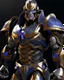 Placeholder: A brave robo thanos warrior with leather and metal combat clothes robotic metal with Chafee robo fighter