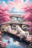 Placeholder: in the center: beautiful chunky cats dancing on a bridge , background: landscape, first plan: pink flowers and a small river with blue water, sky: white clouds with more cats sitting on them, season: winter