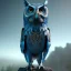 Placeholder: Anthropomorphic blue owl, big green eyes, lots of details, portrait, finely detailed armor, cinematic lighting, intricate filigree metal design, 8k, unreal engine, octane render, realistic, redshift render