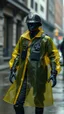 Placeholder: vintage, nypd full body color 1920 black policeman with exoskeleton wtih heavy yellow rain transparent coat