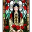 Placeholder: Stained Glass Art Nouveau art style A beautiful as a model asian woodland elf princess who looks like a young Lucy Liu seated on a throne surrounded by poppies in a mystical forest, photo-realistic