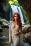 Placeholder: Close UP, delicate, cute, soft, skinny belly red haired Young lady, Green eyes , cave waterfall, medieval