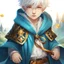 Placeholder: Fantasy World, A boy only wearing a closed wizards robe, and wearing a wizards hat. White Hair. Golden Eyes