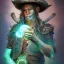 Placeholder: Insanely detailed photograph of an “ a midevil cowboy warrior "with worn Sombrero, handsome charo,cigar,glowing bluish green orb in outstretched hand, hyperdetailed painting by Ismail Inceoglu Huang Guangjian and Dan Witz CGSociety ZBrush Central fantasy art album cover art,8K, hdr, mysterious, flickeringlights ,Stoic