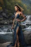 Placeholder: full shot body photo of the most beautiful artwork in the world featuring model, happy mood, High Detail, dramatic, photo realistic, ultra sharp, ultra hd, hyper realistic, ultra realistic, ((((dress)))), trending on artstation, sharp focus, studio photo, intricate details, highly detailed, standing in nice pose in country side with river ,water fall ,rocky valley,mountains at background, pretty clouds