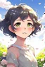 Placeholder: Cute anime girl, brown eyes, short black hair, spring totally white dress with flowers. Windy day