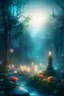 Placeholder: CANDLES ARE BURNING IN A WONDERFUL CLEARING IN A MAGICAL FOREST, THE NIGHT IS FULL MOON, SNOW, MAGIC 77. Watercolor, double Chinese rose bush, ultra-detailed, morning, rain, greenery, beautiful landscape, fog, many details, delicate sensuality, realistic, high quality, 3d, work of art, hyperdetalization, filigree, foggy haze background, hyperrealism, professional, transparent, delicate pastel tones, back lighting, contrast, fantastic, unreal, translucent, glowing, clear lines, epic fabulous, fab