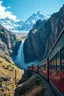 Placeholder: A waterfall in a stunning mountain landscape, mountain gorge, bright color palette, high detail, perfect composition, gcinematic shot, intricate details, hyperdetail.the train collide with the anther train