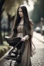 Placeholder: Beautiful Woman, long hair, walking with pram