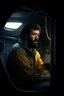 Placeholder: Portrait of Slane a man with curly dark hair and thick curly beard in coveralls working as a new hire in a submarine sitting in a dark cargo bay, realistic grimdark