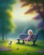 Placeholder: park mystical dream, park bench, man, woman, child, dog, trees, path, bird, sunshine, mystical, fantasy, romanticism, pastel colors, daylight, daytime, acrylic painting, detailed, soft focus,