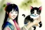 Placeholder: A cute smiling Korean girl is holding a kitten. Watercolour