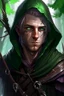 Placeholder: 35 year old rogue gay elf, thief assassin, messy Mauve hair, sparkling green eyes, glowing brown skin, black hood, black leather, messy, disheveled, trees, sneaky, bow and arrows, tall, skinny, friendly, stoner