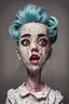 Placeholder: full color, illustration of a dark, menacing, Singer Melanie Martinez face, as a decayed, broken, crude homemade cloth doll toy, with a narrow cracked porcelain face, thick dark eyebrows, hair made from ragged strips of cloth, in the style of Alex Pardee, Tim Burton, and Nadya Sheremet