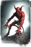 Placeholder: Realistic ghoulish devil leaning forward at an angle facing right, posed as if over a shoulder, red skin, horror style, no other person.