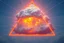 Placeholder: a blue nuclear explosion cloud, behind an orange glowing omega like shape, all inside an equilateral triangle opening, that is like a window to a different world, radiant lines, sci-fi fantastic