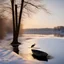 Placeholder: Winter light; soft winter light at dusk, small boat on the river, some people walking, remnants of melting snow, peaceful and serene, beautiful view, a lone heron is in the foreground