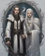 Placeholder: a young High Elf frost Wizard with long wiry hair, wearing a black trimmed white nobleman's robe and frost ornaments on clothes, with a weasel companion