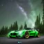 Placeholder: Single extremely detailed realistic sports car (Centered on image), moving on a detailed realistic road in dark woods, clear sky with visible planet, symetrical, HD, 4k, 8k, neon glow, Car color= Dark green with black, Woods color=gray,black,dark green, Sky color= light blue and gray, lightining