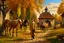 Placeholder: Fascinating, ultra-realistic nature in the photo. Golden autumn. A 32-year-old man in 19th-century Russian clothes walks towards the horses with his head raised to the sky, a smile on his face. In the background, a 19th-century estate and three horses stand at the outhouse.